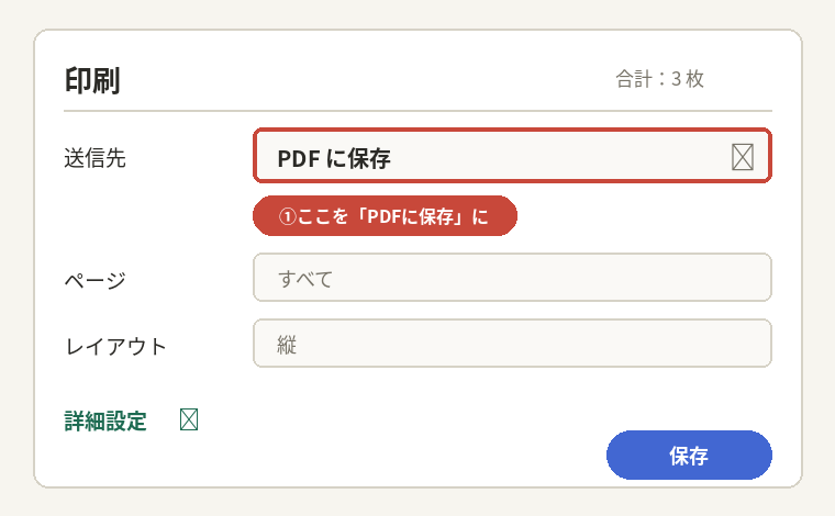 印刷ダイアログで送信先にPDFに保存を選ぶ位置を示した図