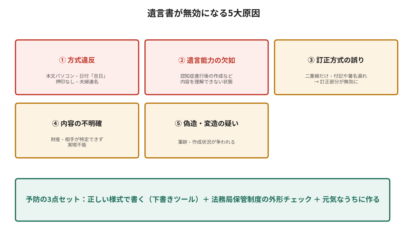 遺言書が無効になる5大原因。方式違反、遺言能力の欠如、訂正方式の誤り、内容の不明確、偽造・変造の疑い